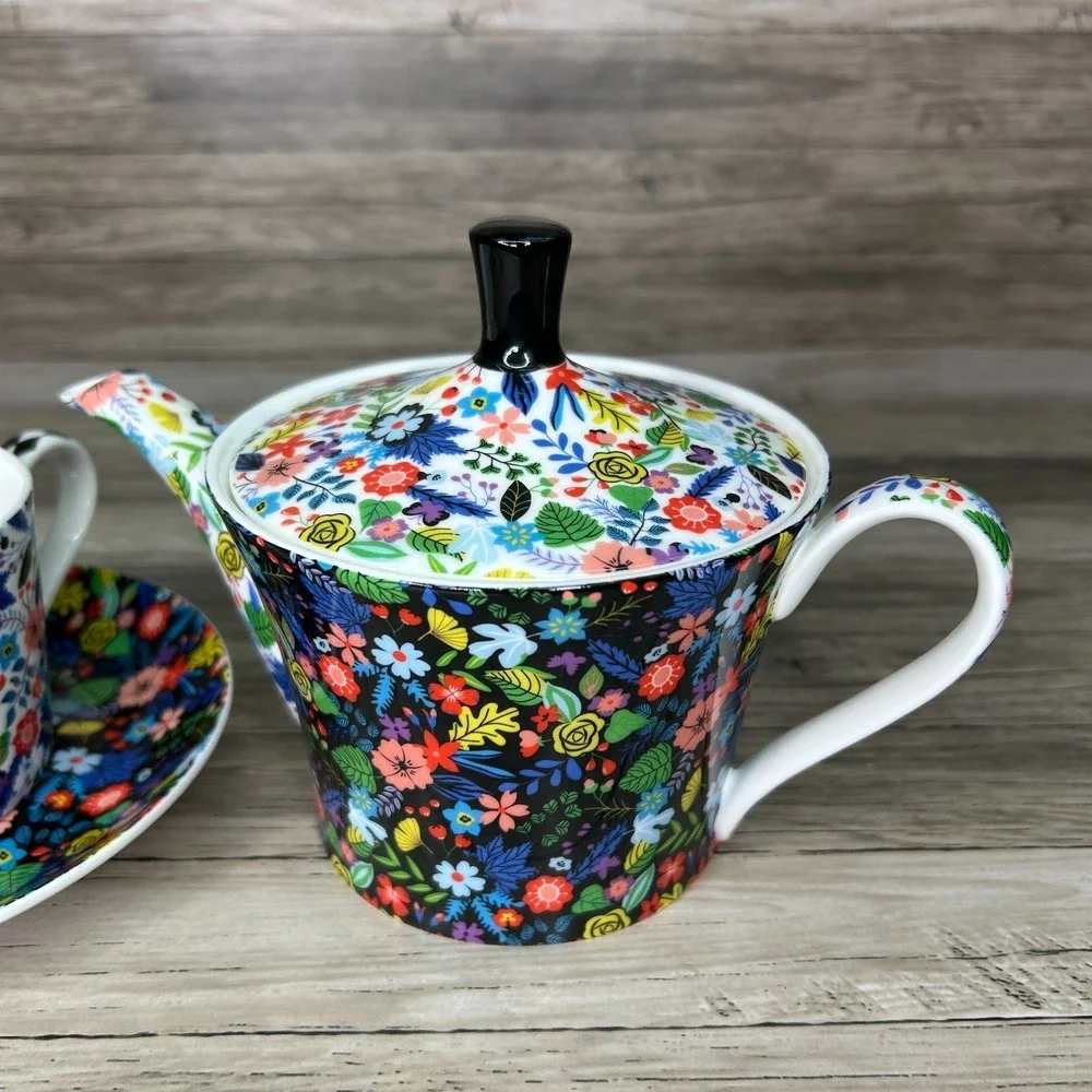 Stechcol Gracie Bone China Mad Hatter Whimsical Tea Set Cup Plate Floral Cottage